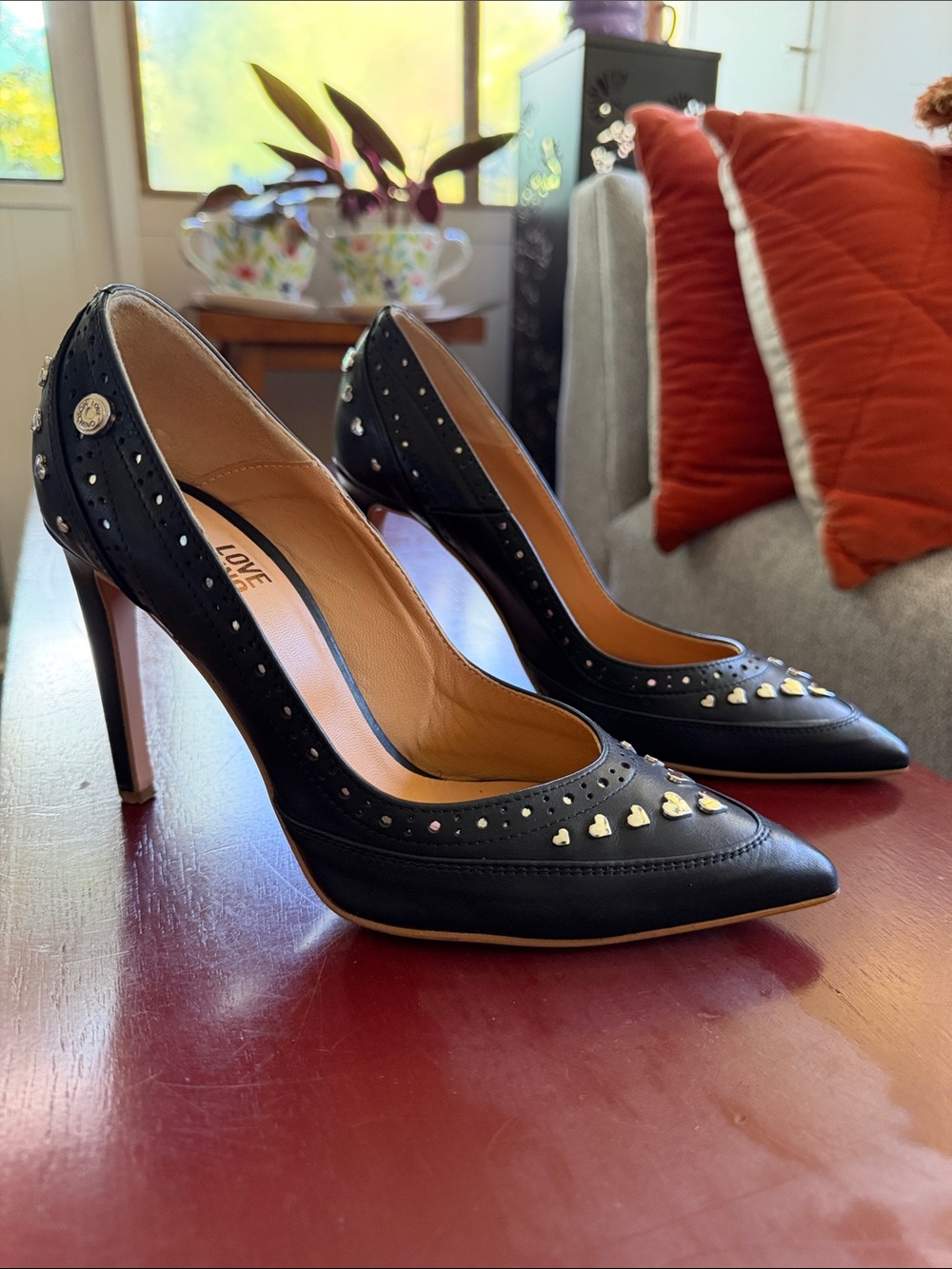 Love Moschino Black Pointed Heart-Stud Pumps